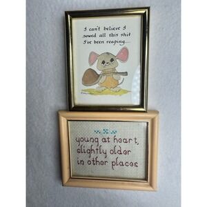 Katy Fincher Mouse & Cross Stitch Framed Art Set Vintage Humor Decor Multi